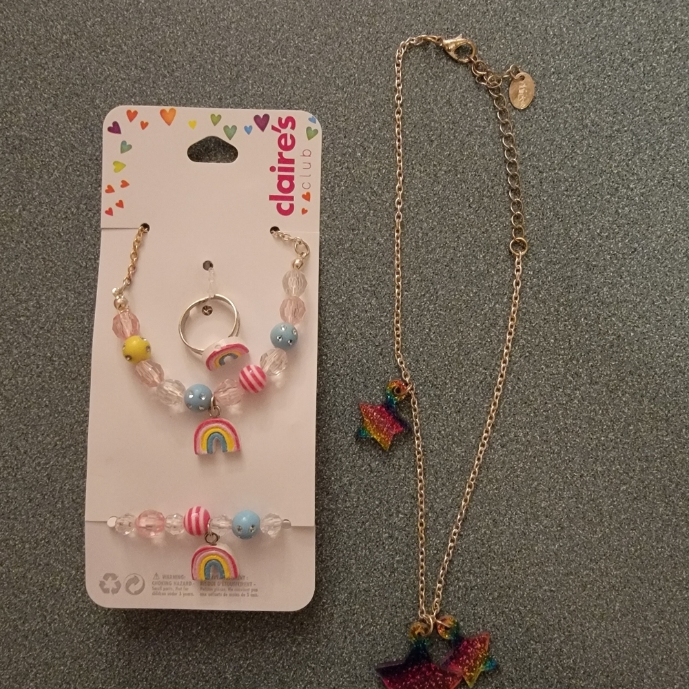Claires Girls Rainbow Necklace, braclet amd ring